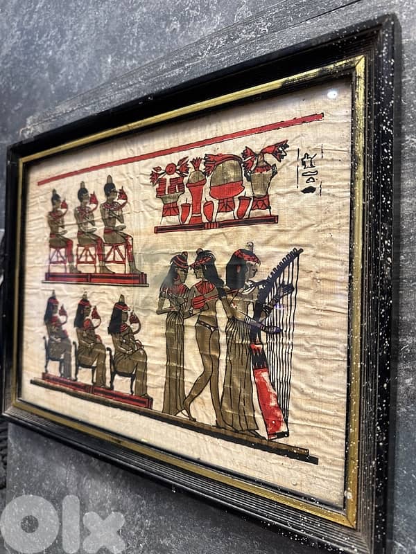 Rare Authentic Hand Painted Egyptian Papyrus with hieroglyphics framed 3
