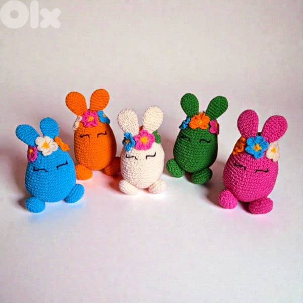 handmade crochet easter bunny egg decor cream pink blue green orange 0