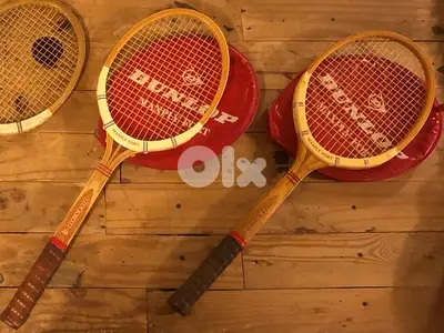 4 Vintage Wooden Tennis Rackets – 3 Dunlop (2 with Original Covers)