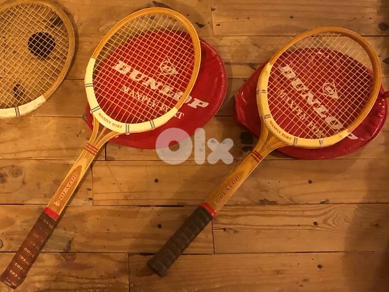 4 Vintage Wooden Tennis Rackets – 3 Dunlop (2 with Original Covers) 0