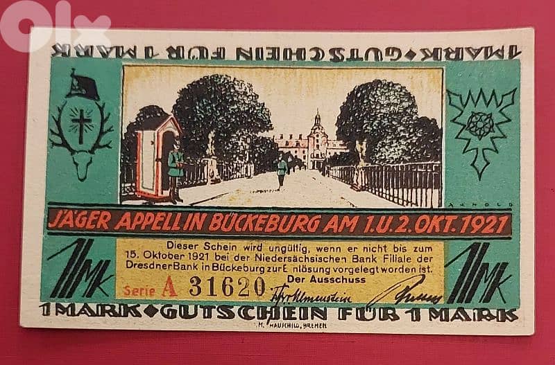 Germany 1921 1 Mark Bueckeburg old vantage emergency banknote 0