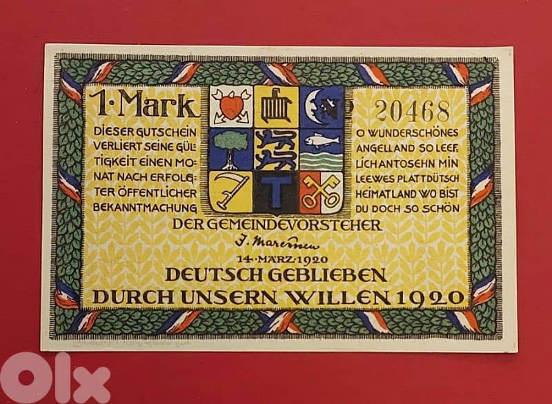 Germany Holnis 1920 1 Mark old vantage emergency banknote 0