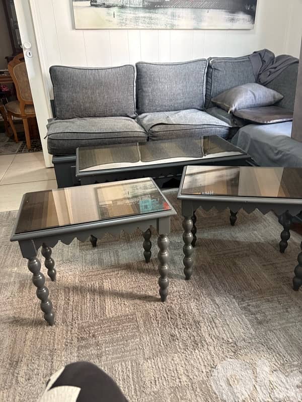 3 wood table plus glass cover 0