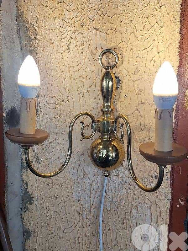 pair of large brass and wood wall lights 0