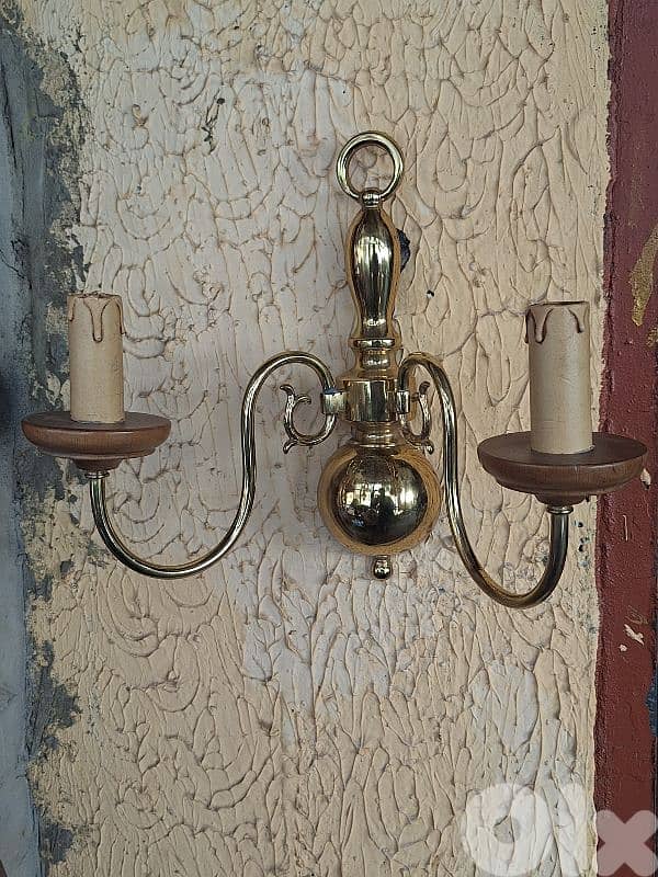 pair of large brass and wood wall lights 2