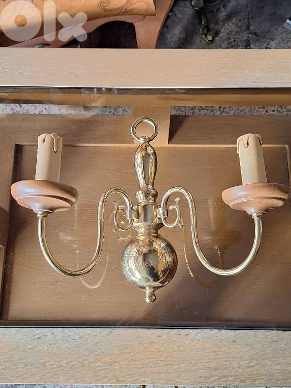pair of large brass and wood wall lights 3