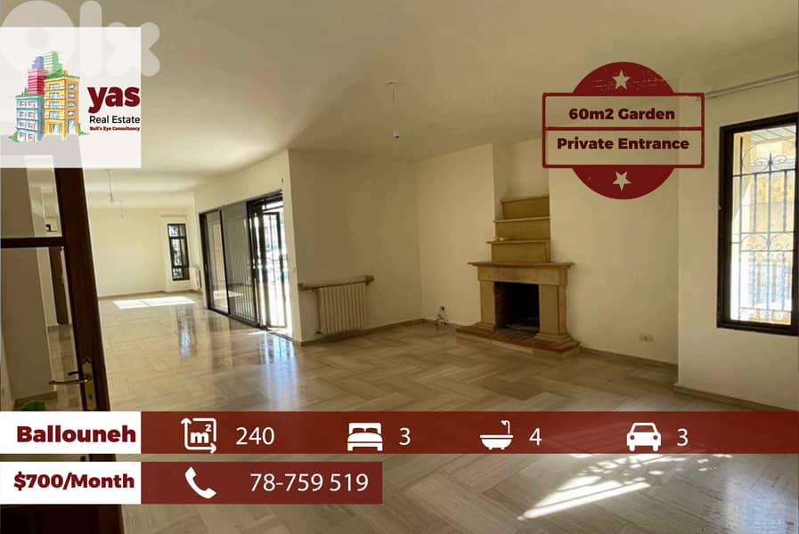 Ballouneh 240m2 | 60m2 Garden | Private Entrance | Calm Area | KS 0