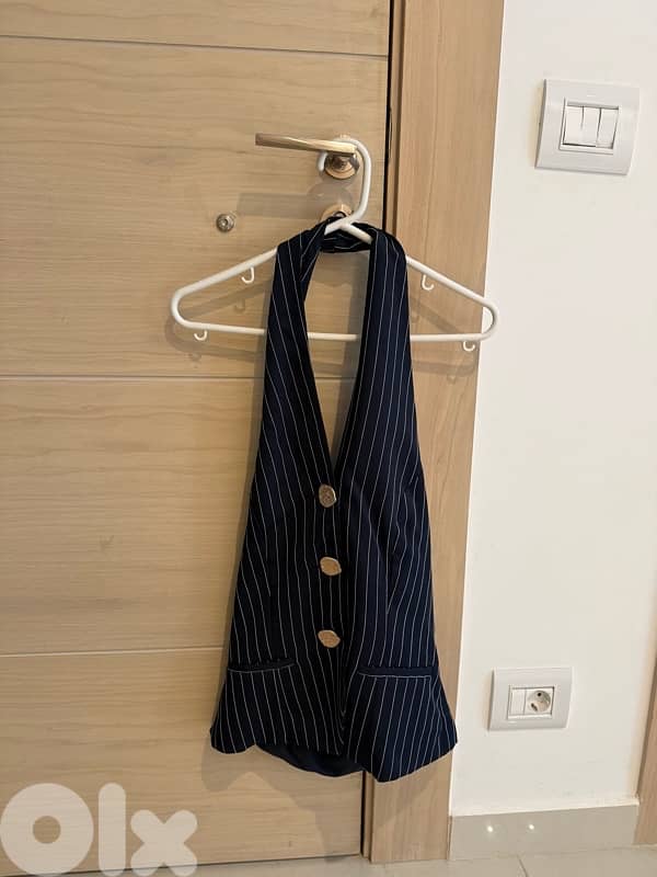 striped halterneck waistcoat open back with pant set, navy color 0