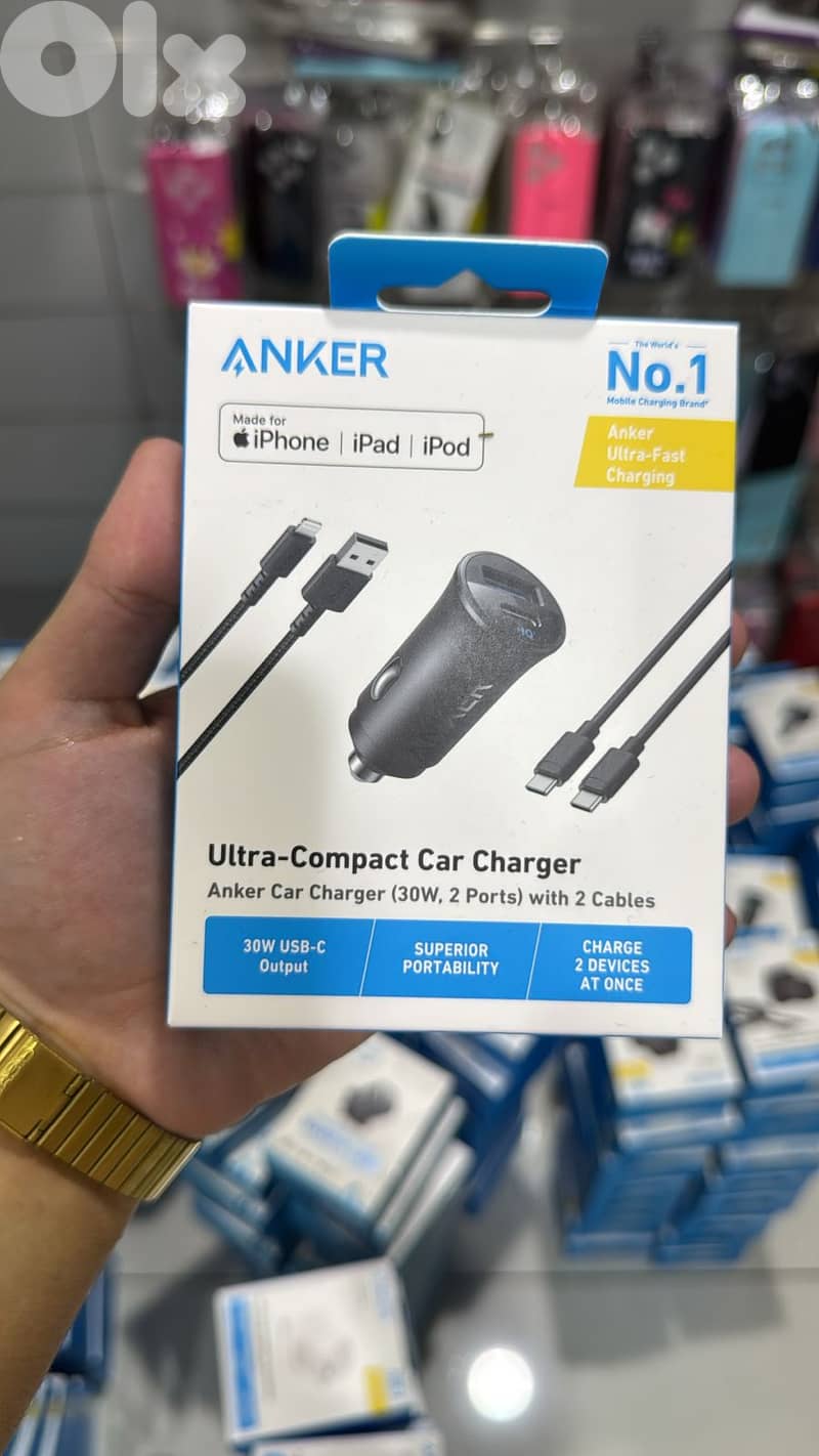 Anker car charger 30w 2ports with 2 cables b2741H11 0