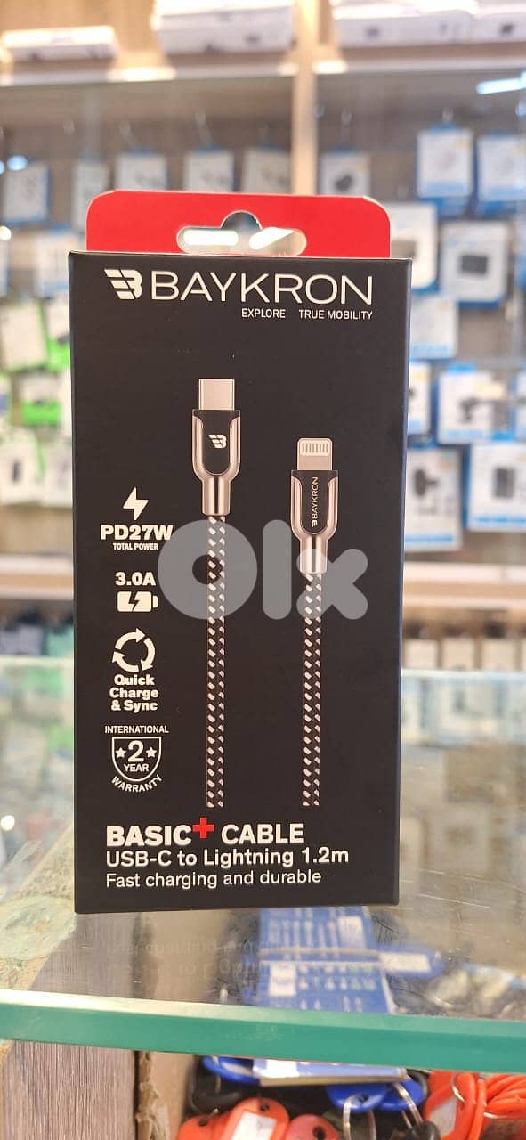 BAYKRON BASIC + CABLE USB-C TO LIGHTNING 1.2M 27W PD 3A 0