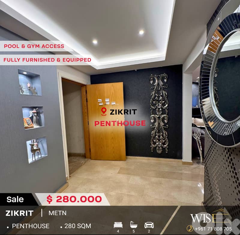 280 SQM Fully Furnished & Equipped Penthouse for SALE in Zikrit! 0