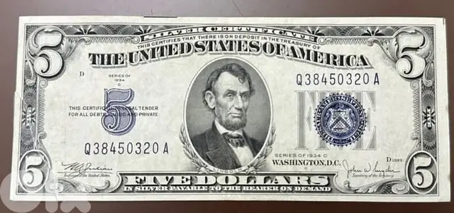 USA silver Banknote Five Dollars year 1934