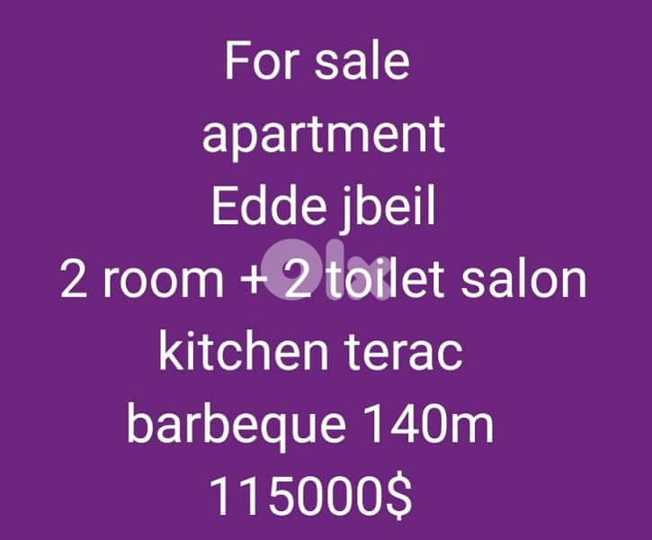 For sale  apartment  Edde jbeil  2 room + 2 toilet salon kitchen terac 0