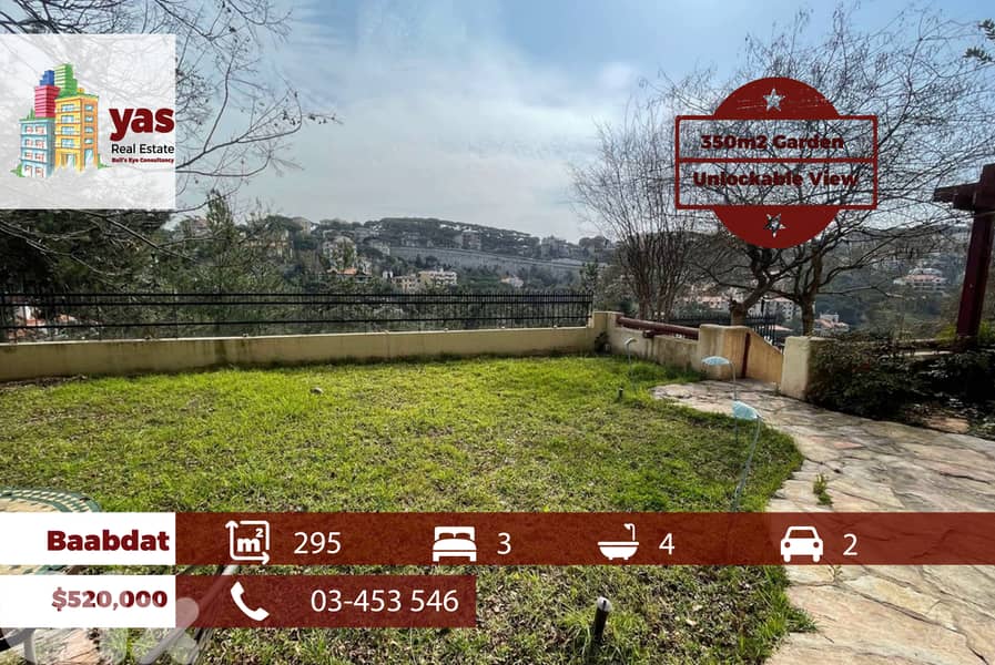 Baabdat 295m2 | 250m2 Garden | Prime location | Astonishing View | TCH 0