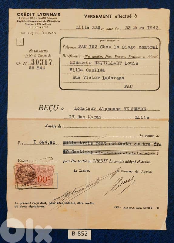 France Lille 1942 old document. Lot# B-852 0