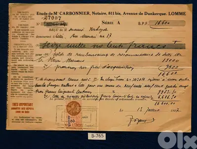 France Lomme 1937 old document. Lot# B-765