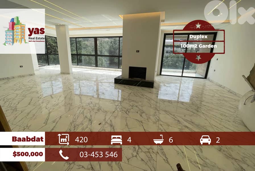 Baabdat 420m2 | 100m2 Garden | Rooftop duplex | View | TCH 0