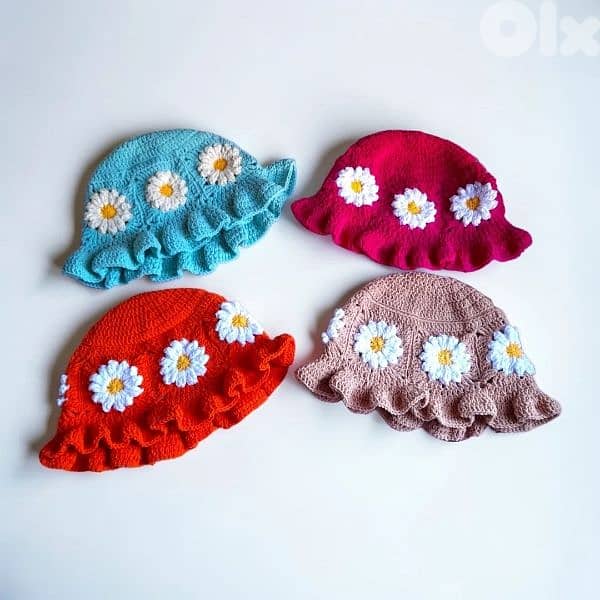 Handmade crochet flower daisy bucket hats in blue orange pink beige 0
