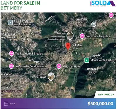 850m2 land+prime location+open view 4sale in Bet Mery - أرض في بيت مري