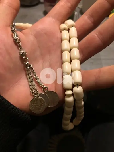 سبحة انتيك عاج ناب فيل الاصلي خراطة مصرية قديمة، شرابات فضة.