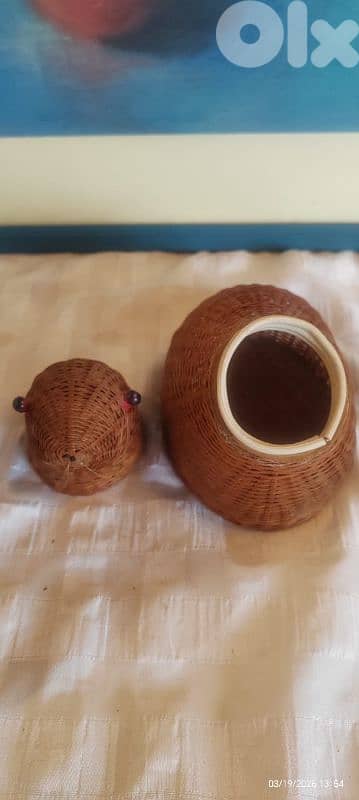 Vintage 1960s Zhejiang Handicrafts Woven Wood Covered Chick Basket 0