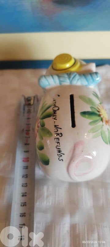 VINTAGE ANTIQUE  HAND-PAINTED CERAMIC PIGGY COIN BANK JAPAN 4” x 6” 1