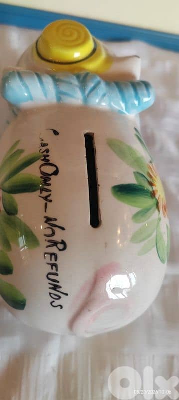 VINTAGE ANTIQUE  HAND-PAINTED CERAMIC PIGGY COIN BANK JAPAN 4” x 6” 3