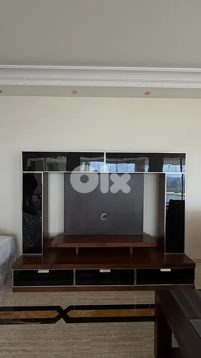 wood brown and black TV unit