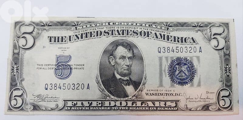 USA Silver Five Silver Dollar Banknote 1934 with small Tear on corner 0