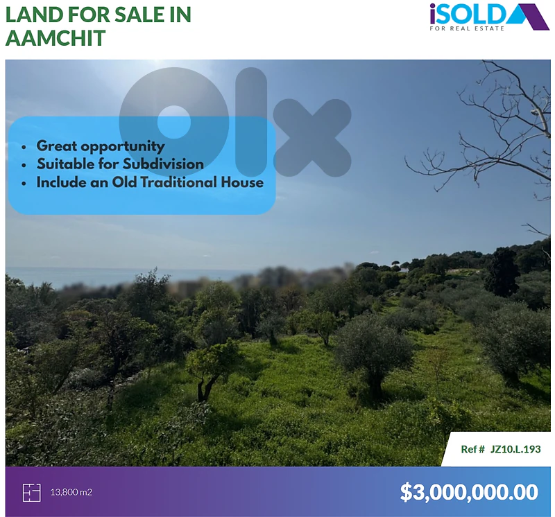 Great opportunity-13,800m2 land+sea view 4sale in Aamchit-أرض في عمشيت