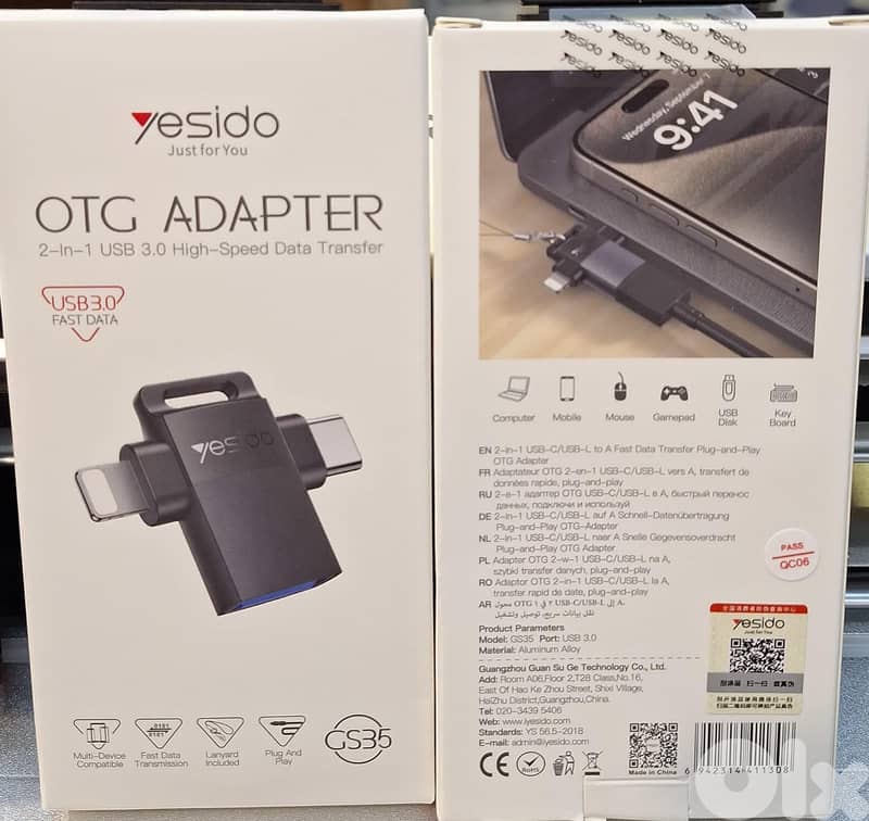 YESIDO OTG ADAPTER 2-IN-1 USB 3.0 HIGH-SPEED DATA TRANSFER GS35 7$ 0