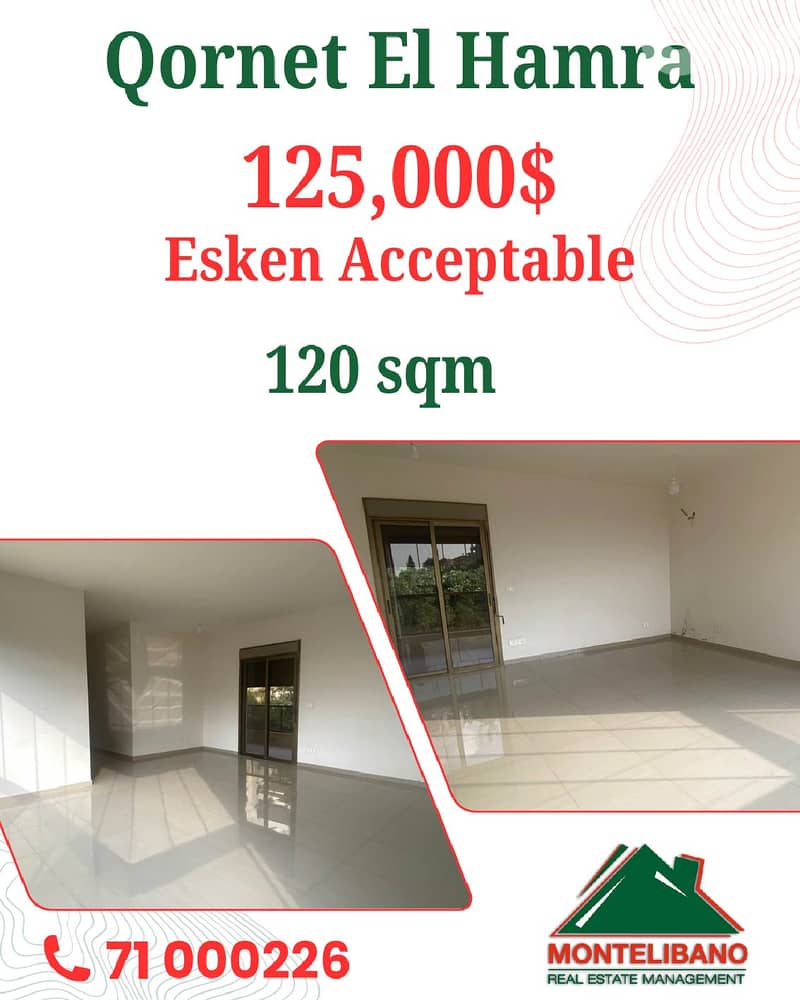 120 sqm Apartment For Sale in Qornet El Hamra "Esken Acceptable" 0