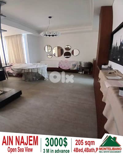 205 sqm Apartment For Rent in Ain Najem عين نجم with Open Sea View