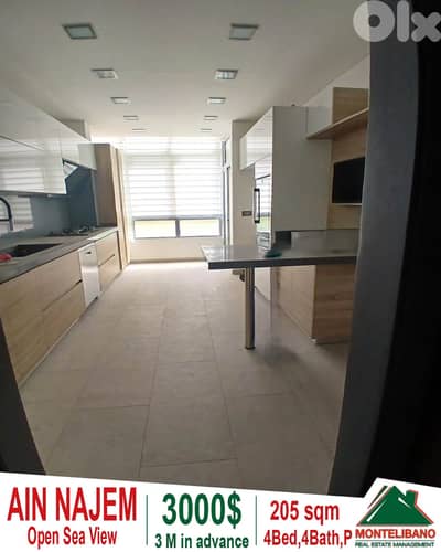 205 sqm Apartment For Rent in Ain Najem عين نجم with Open Sea View