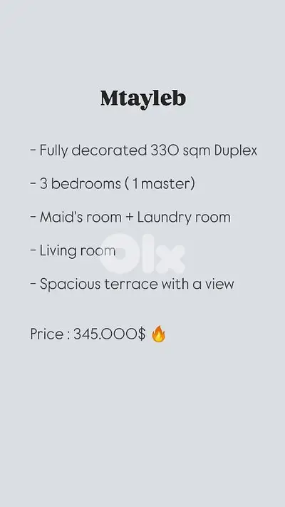 Mtayleb 330 sqm Decorated Duplex + terrace + view