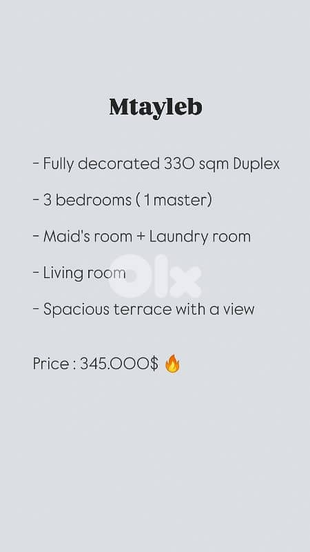 Mtayleb 330 sqm Decorated Duplex + terrace + view 0