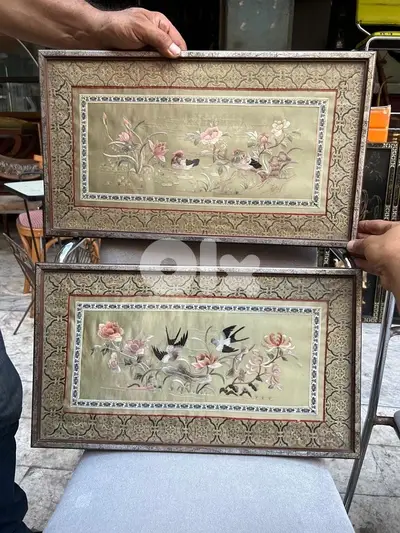 لوحة عدد ٢ حرير silk صيني قديم شغل يدوي انتيك من اجمل القطع سعر لقطة