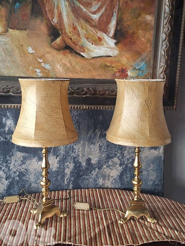 2 antique brass and leather lamps 4