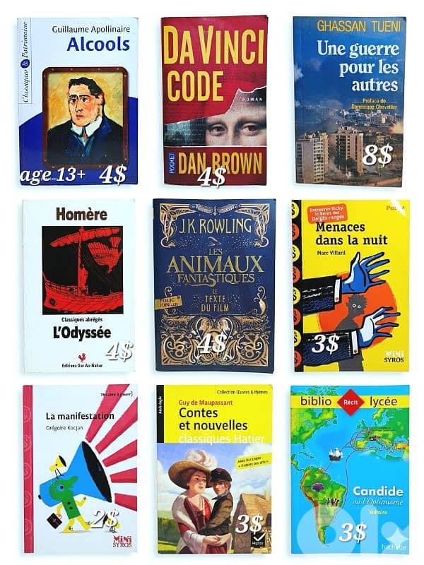 different books for sale, French Arabic English 0