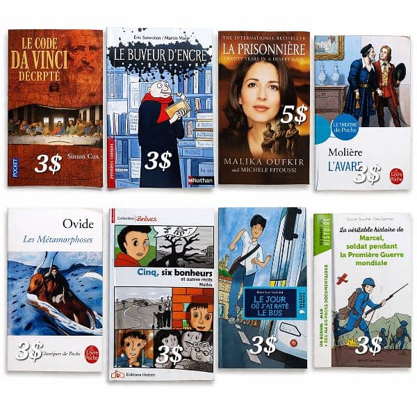different books for sale, French Arabic English 1