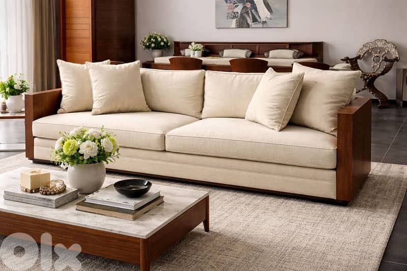 Modern Beige Sofa with Solid Wood Arms – Like New 0