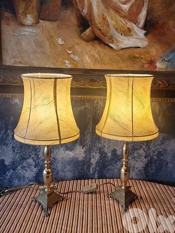 2 antique french leather and brass lamps 0