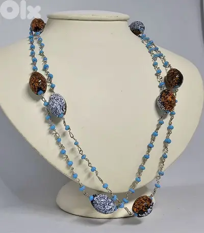 6$ blue brown enamled beaded necklace