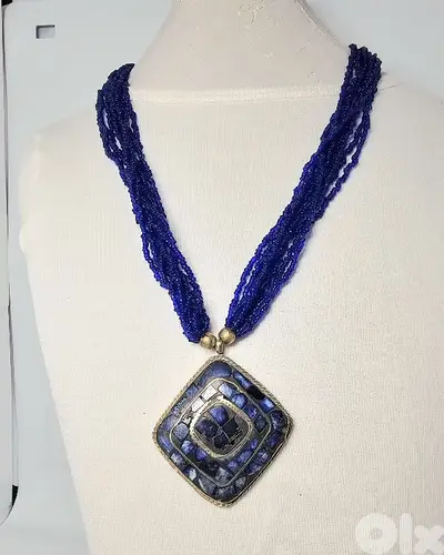 15$ vintage necklace inlaid blue lapis lazuli gemstones square pendant