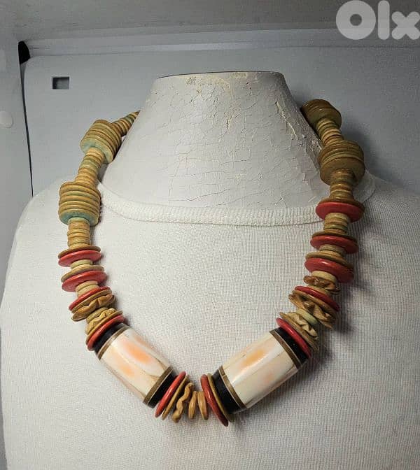 vintage Monet cream tube red beads tribal choker necklace 0