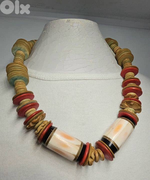 vintage Monet cream tube red beads tribal choker necklace 1