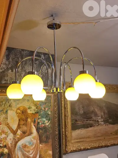 midcentury chrome and opaline chandelier