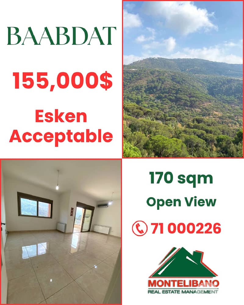 170sqm Apartment For Sale in Baabdat with Open View "Esken Acceptable" 0