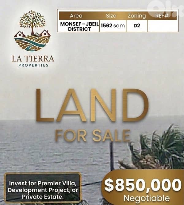 Prime Location Land for sale in Monsef Jbeil, steps away from the Sea. 0