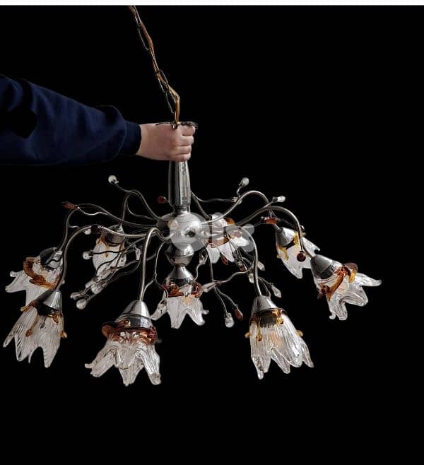 Lustre suspension 8 lumières en verre décoratif – très bon état 0